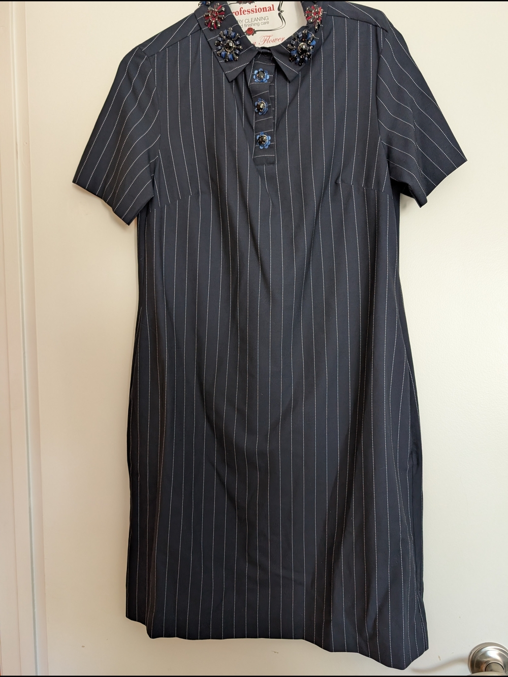 Banana Republic Navy Pinstripe Short-Sleeve Midi Dress with Jewel Collar